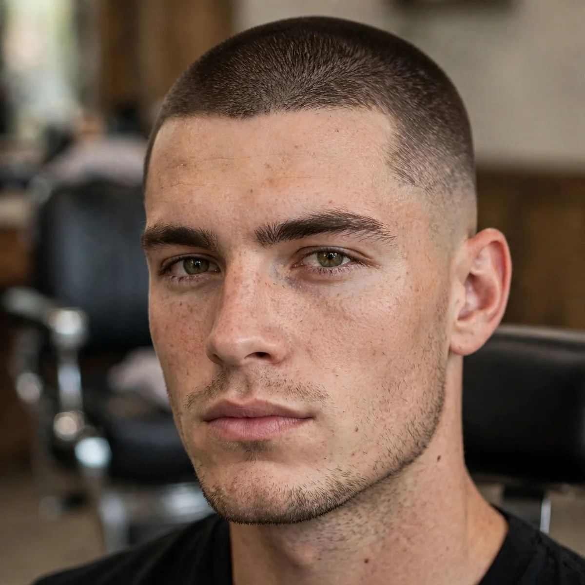 Buzz cut on a young man with an even #2 guard length all over, a simple haircut for men with zero styling needed