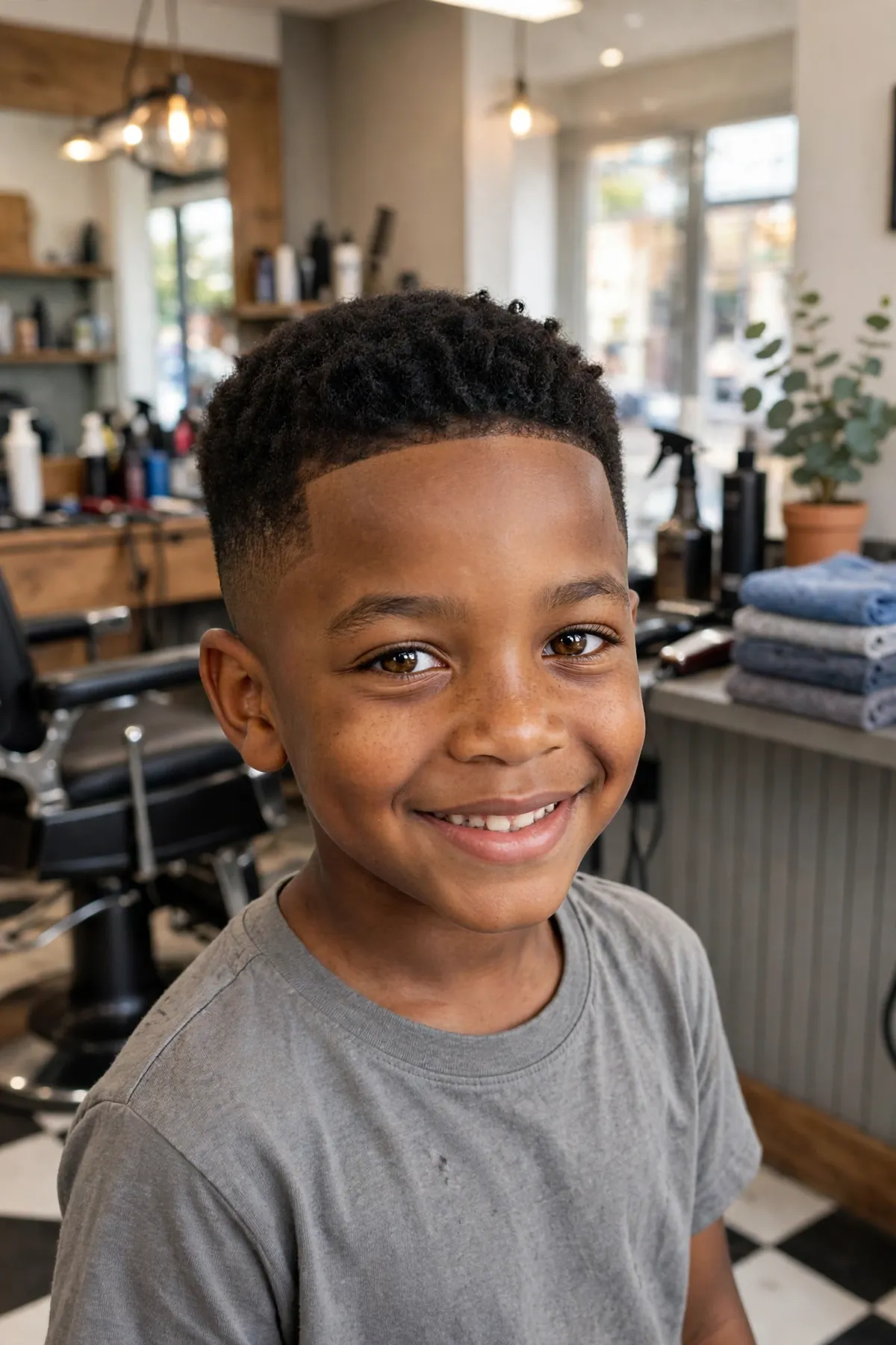 Young boy with a classic crew cut, short tapered sides and slightly longer top, a timeless kids haircut for boys