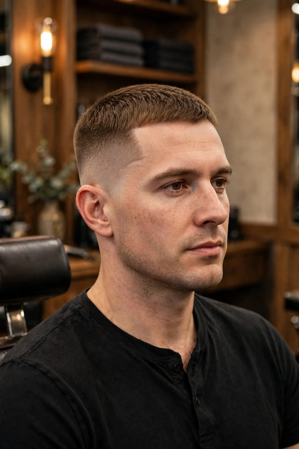 Classic crew cut — one of the best short haircuts for men, short tapered top with neat faded sides on a smiling man in a barbershop