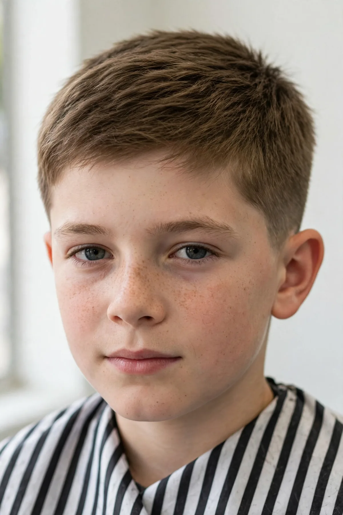 Classic crew cut on a 10 year old boy, a short neat boys haircut with tapered sides