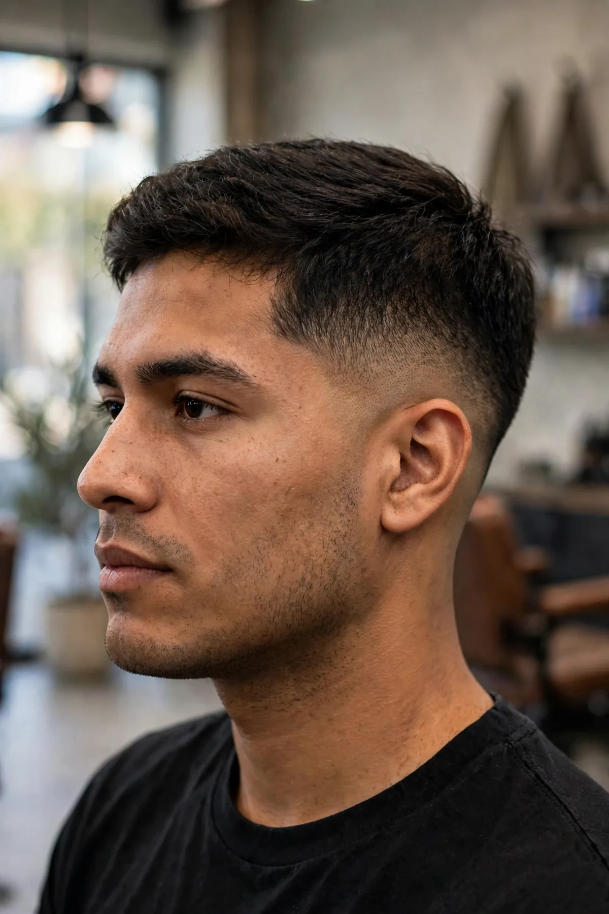 Low shadow fade haircut on a man with straight dark hair, soft stubble gradient at the temples and neckline blending into a neat textured top
