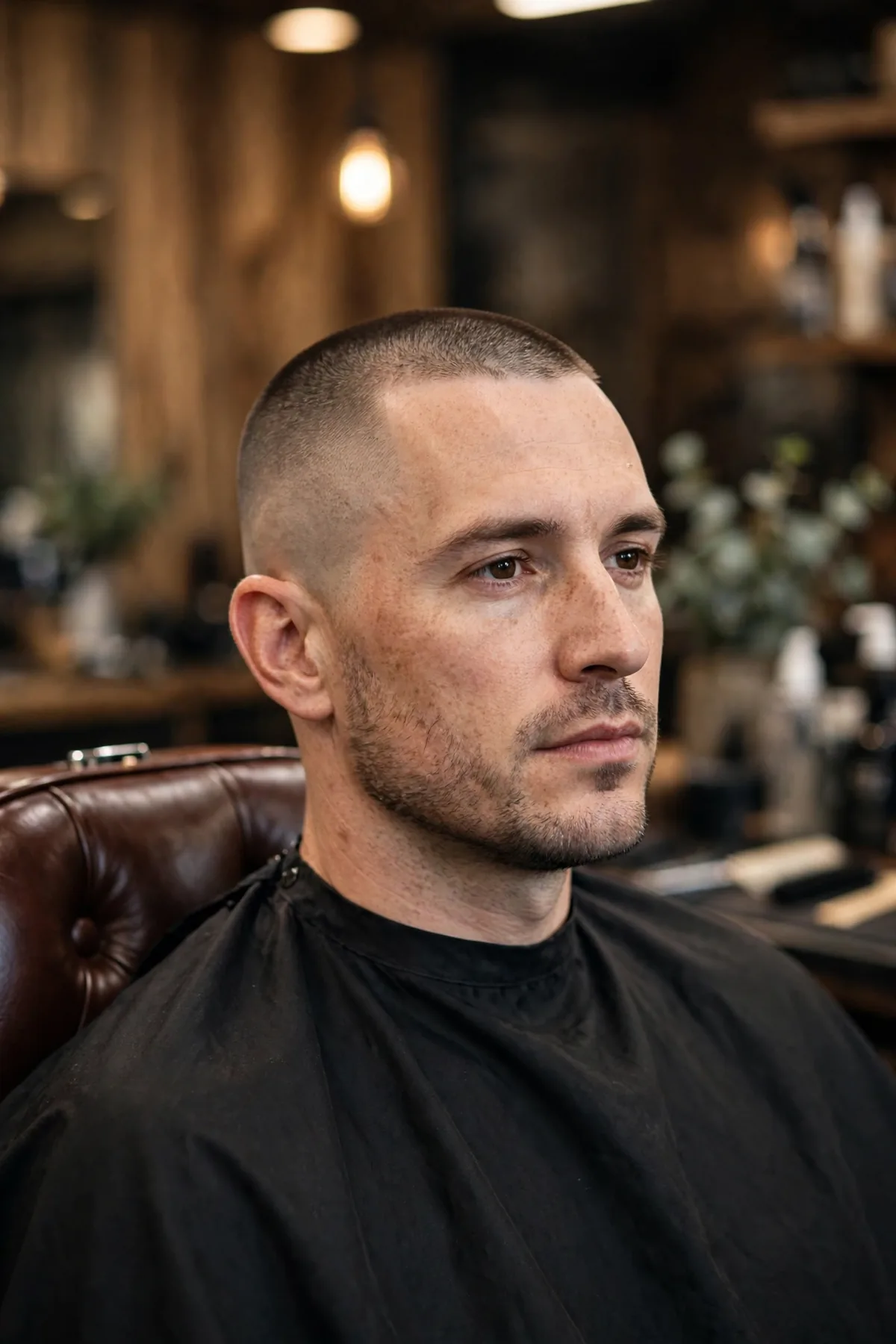 Short buzz taper fade haircut on a man — #2 guard buzz cut on top with a smooth taper fade around the ears and neckline