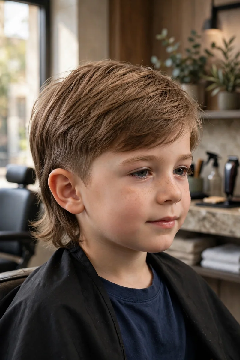 Boy with a soft modern kids mullet haircut — gentle taper on the sides, relaxed natural top, softly layered back