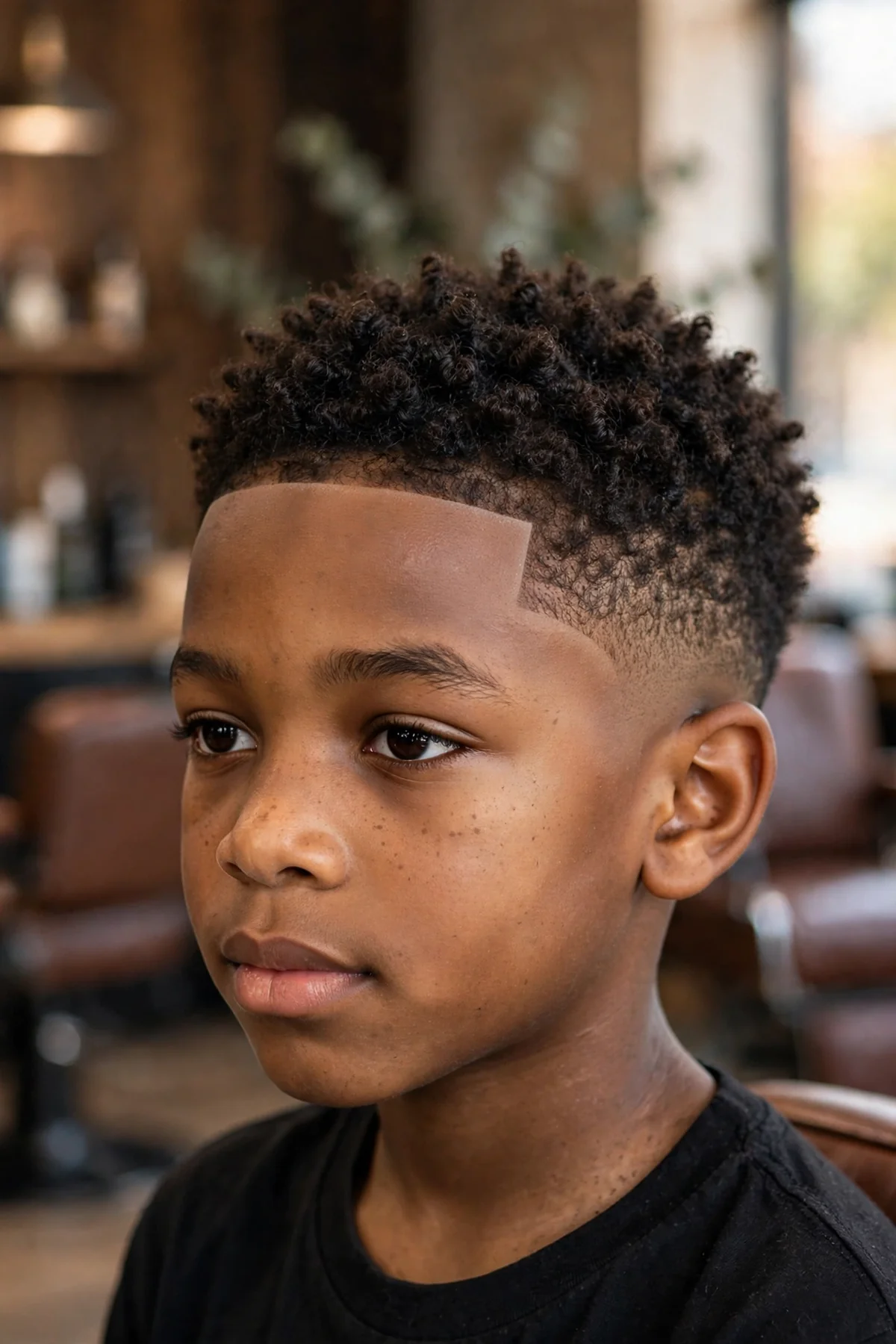 Black boy about 9 years old with a low taper haircut and a razor-sharp line-up across the forehead and temples