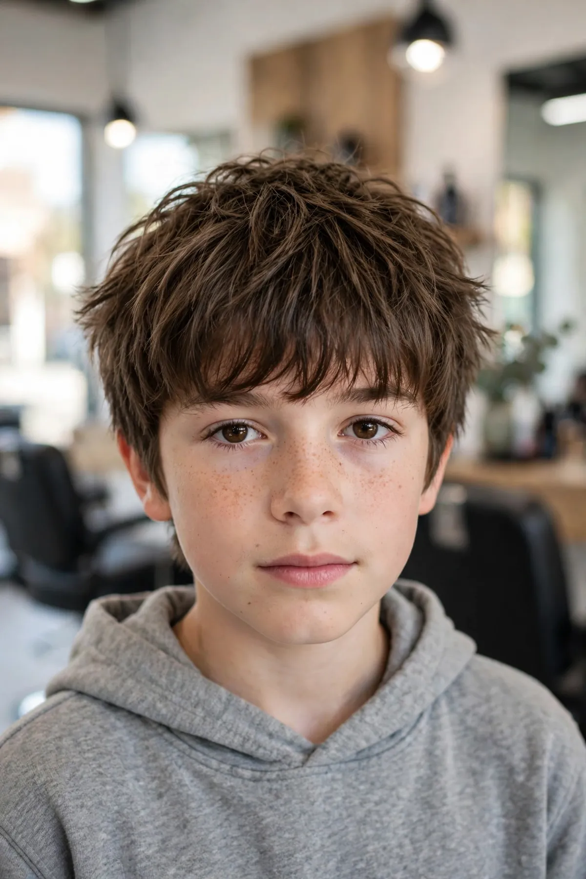 Boy with a shaggy fringe haircut, textured bangs falling over the forehead with choppy sides