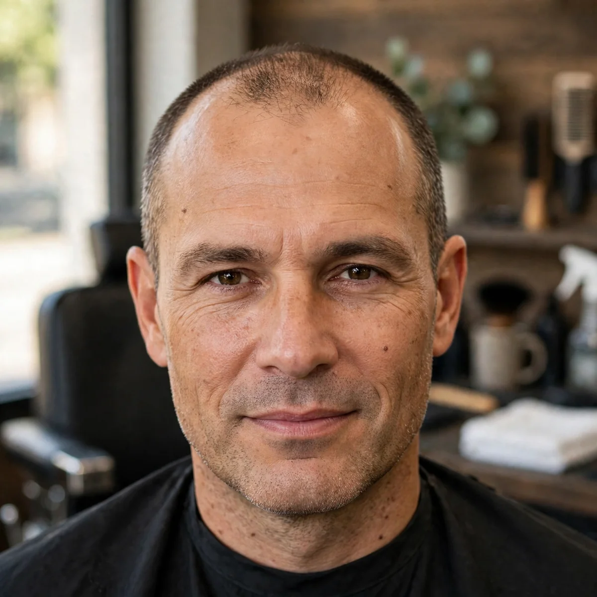 Close-up of a short number 2 guard buzz cut hairstyle for balding men with thinning on top