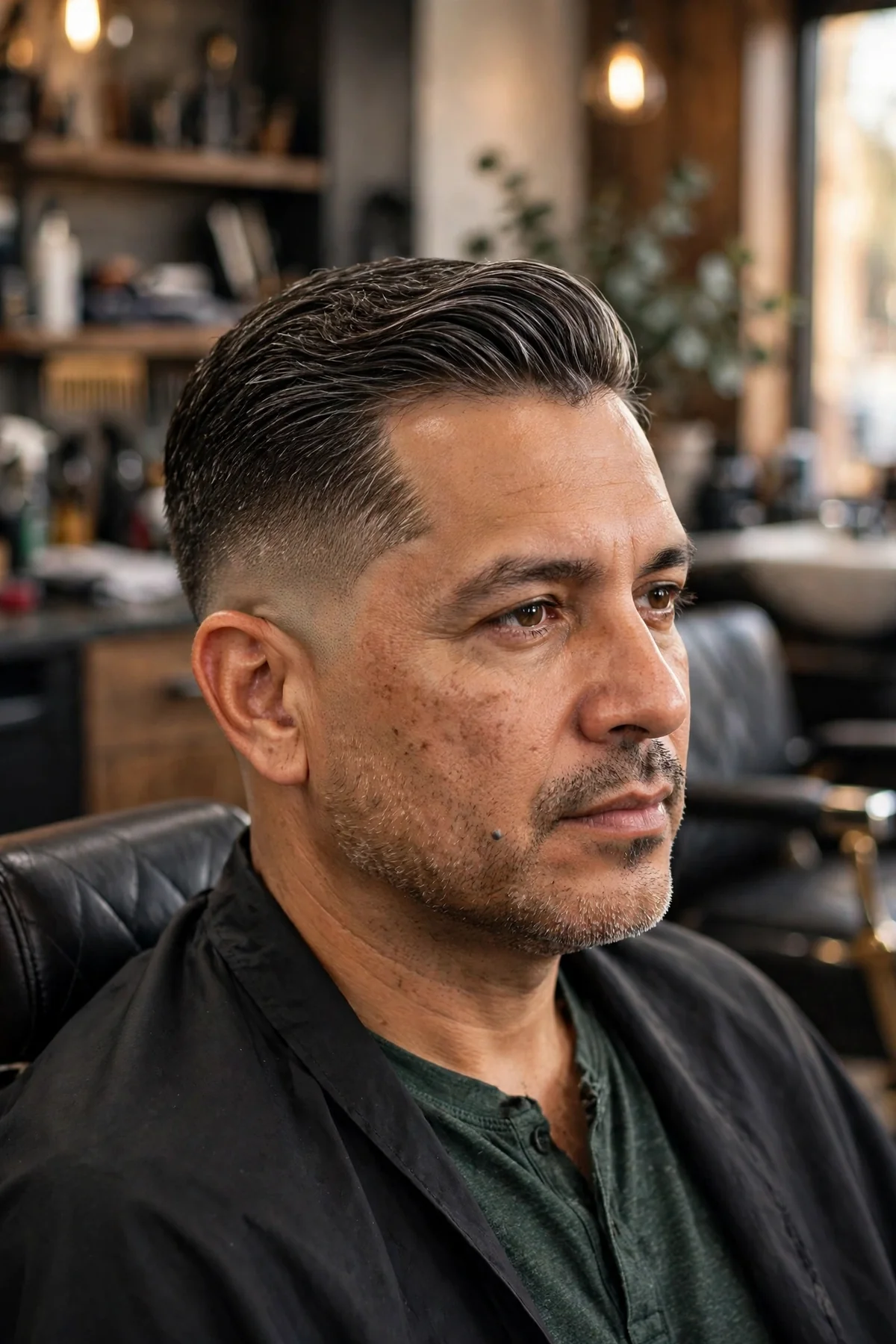 Neat comb over low skin fade haircut, hair swept to one side, sides fading to bare skin low around the ears, barbershop finish