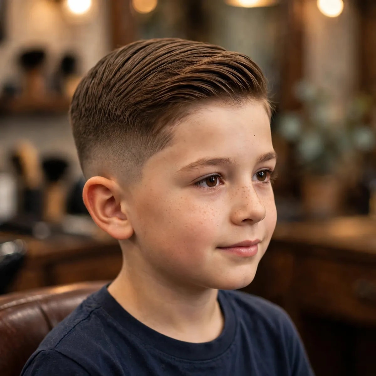 Classic taper fade haircut for a kid boy — neat combed top with a gentle taper fade on the sides