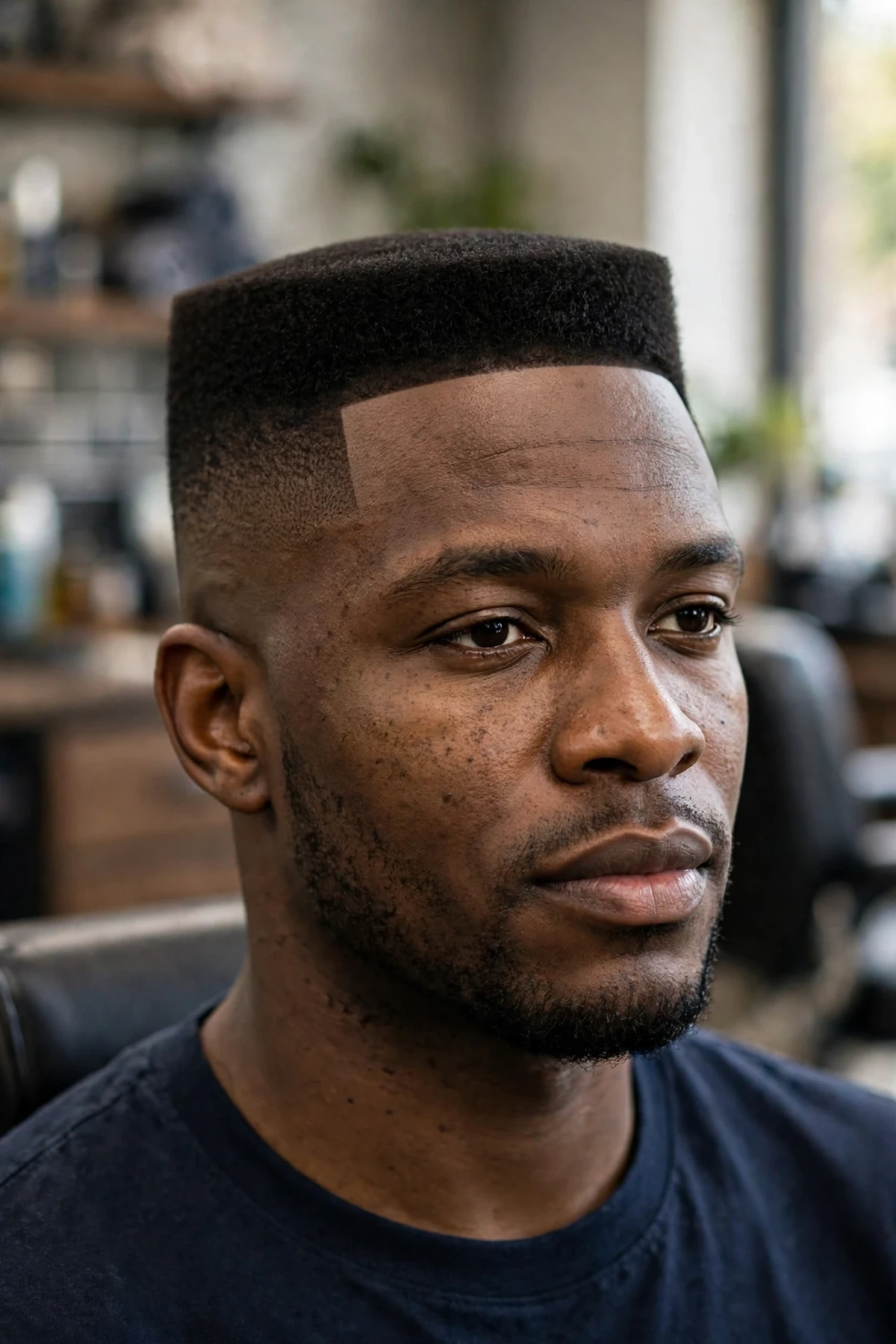 Flat high top haircut with a level squared top and tight faded sides on a man with coily hair, barbershop photography