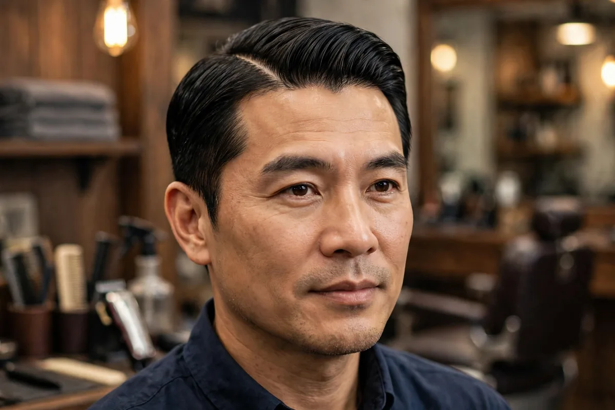 Classic side part old money haircut men — sharp part line with neatly combed top