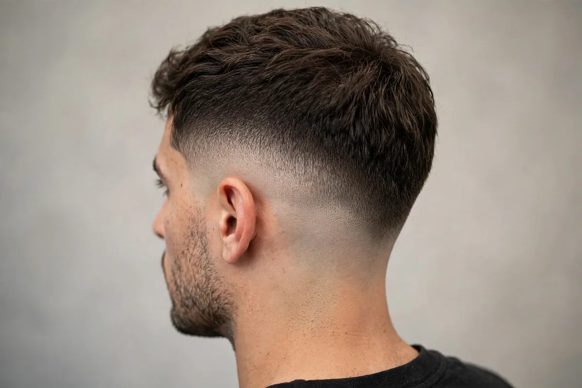 Mid drop skin fade haircut with bald finish on the sides, clean barber photo