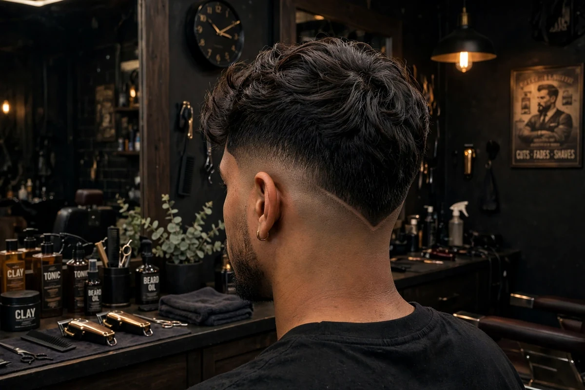 Mid fade v haircut for men showing a sharp V point neckline from behind