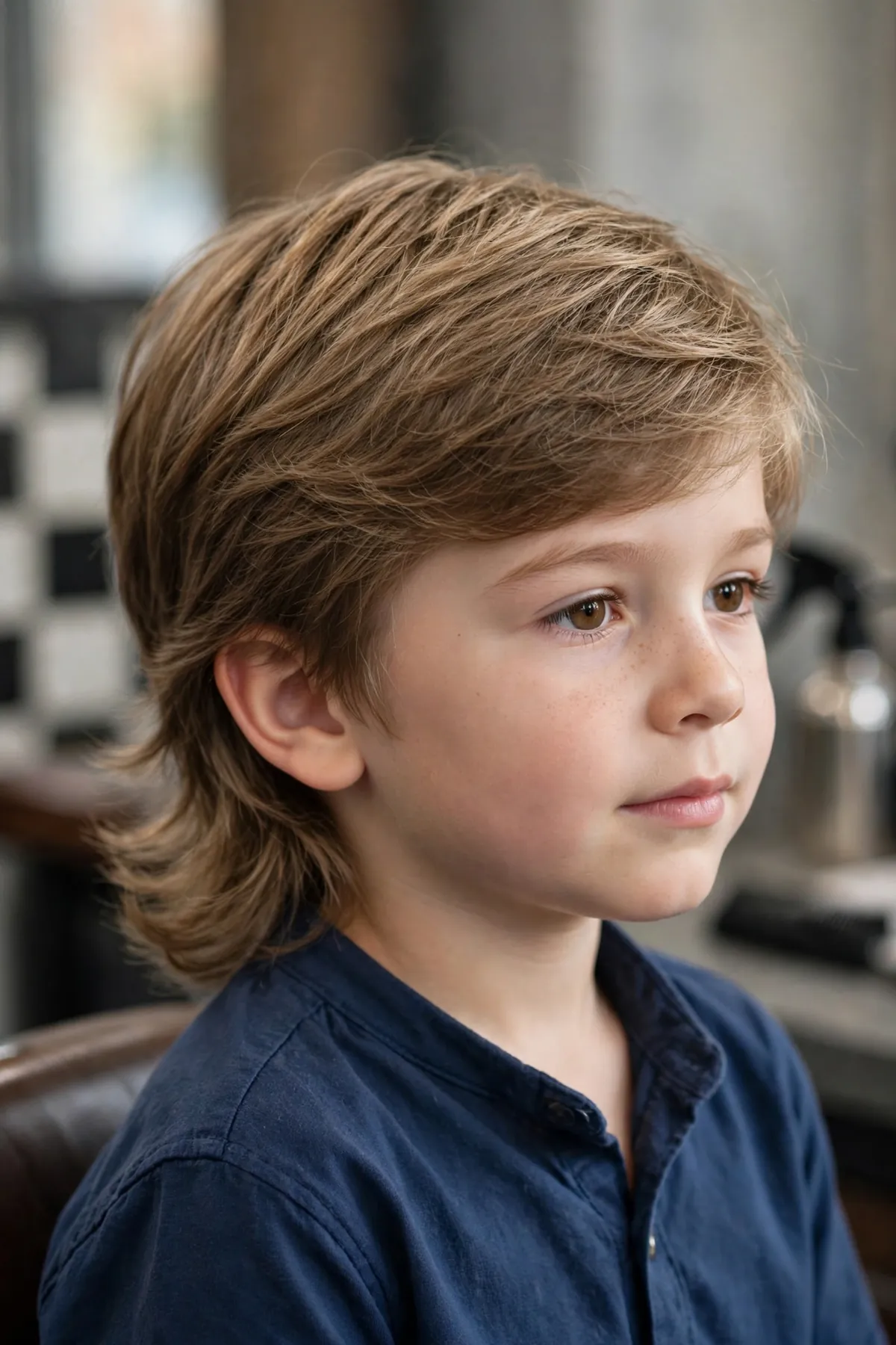 Classic soft boys mullet haircut photo — gentle layers, feathered 5-inch back, no harsh lines on wavy hair