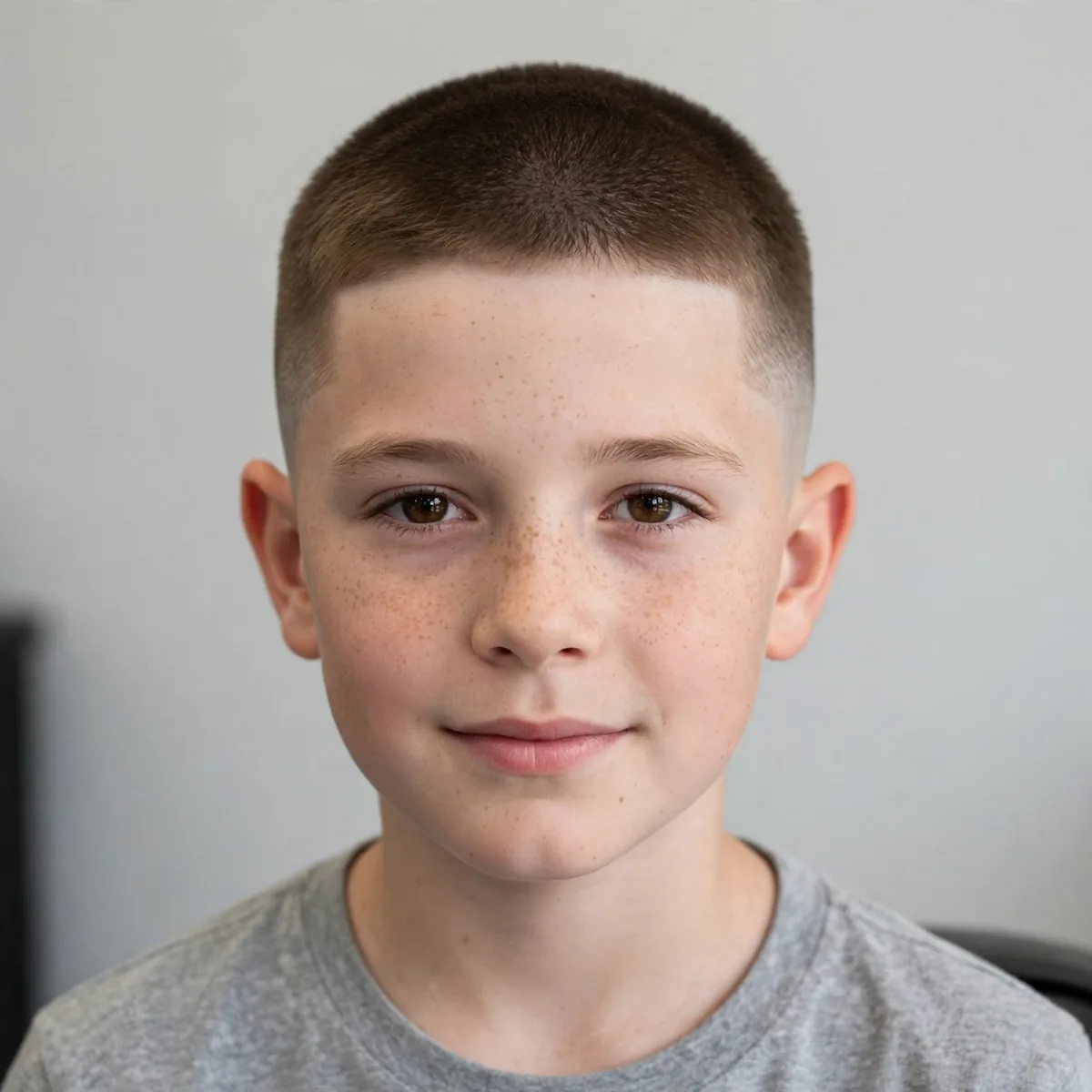 Buzz cut with a fade on a 10 year old boy, a cool low maintenance boys haircut