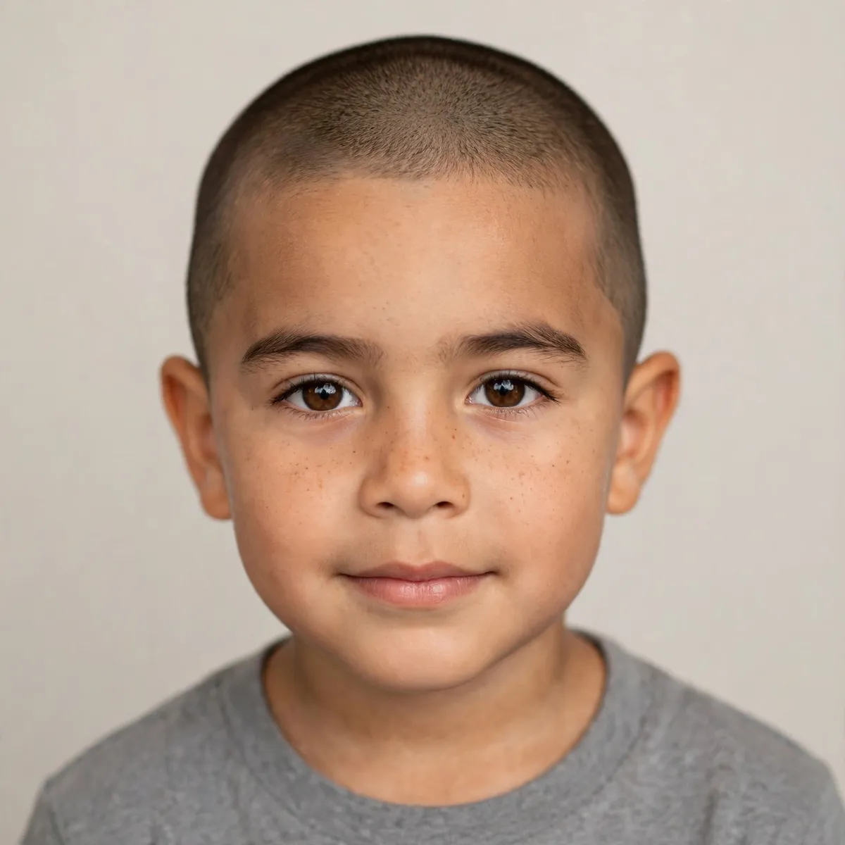 Little boy with a clean buzz cut, even short length all over, an easy low maintenance boys haircut