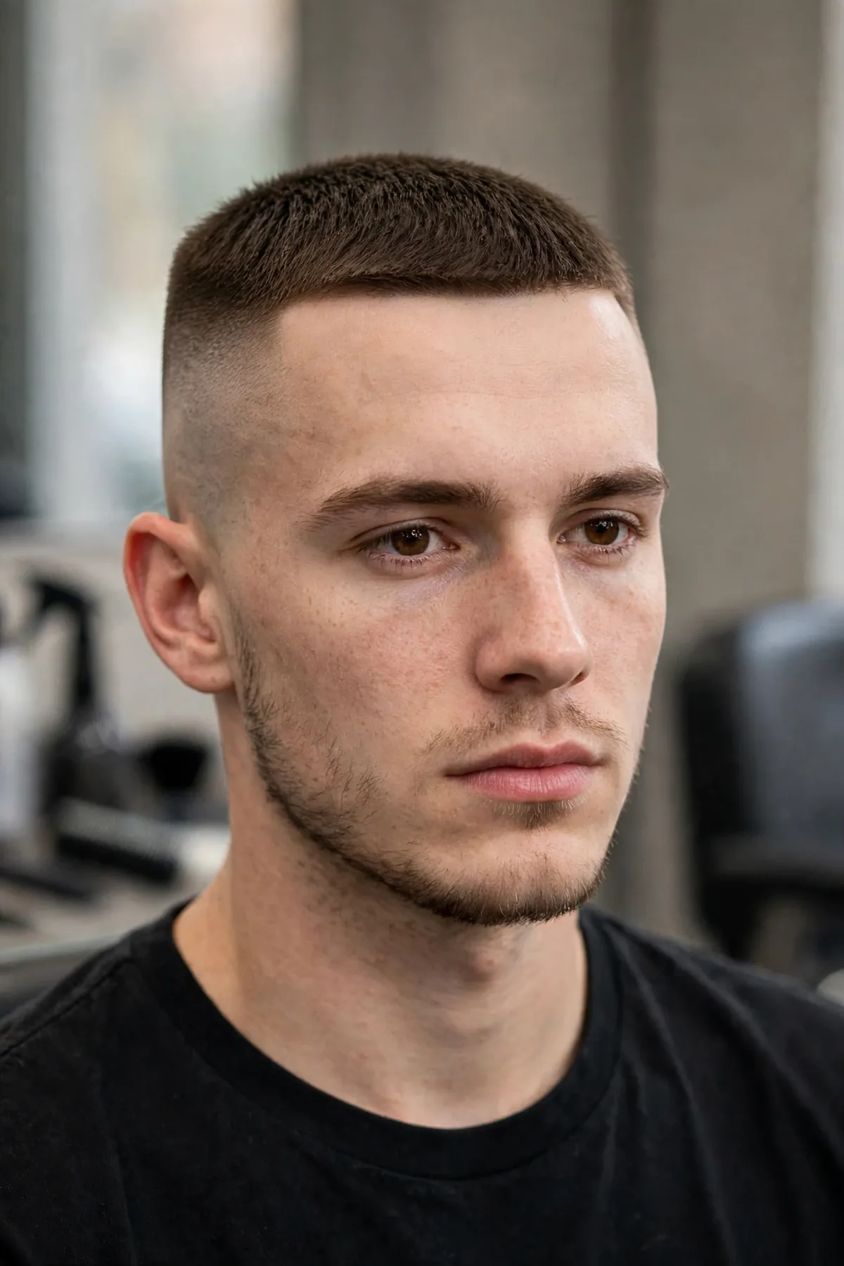 High and tight skin fade haircut with a very short military top and high faded sides