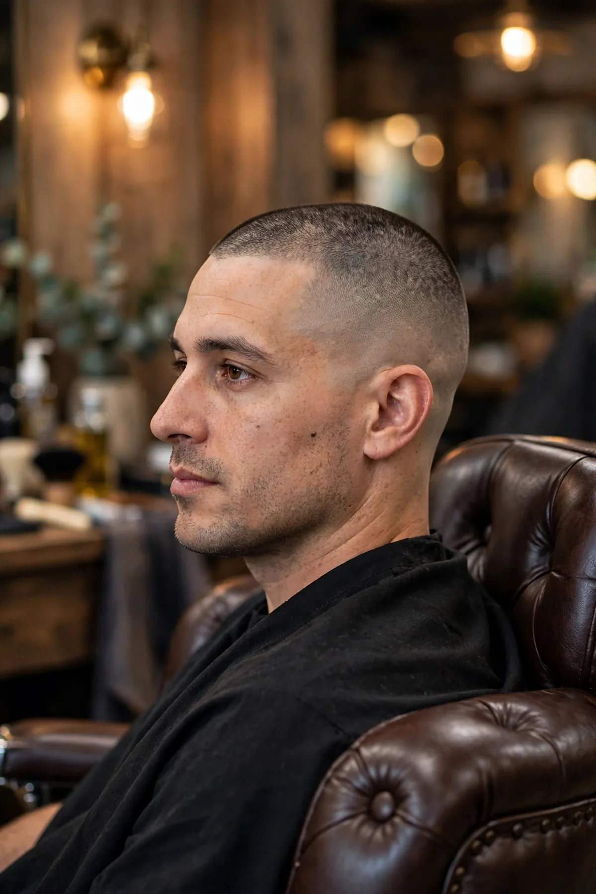 Induction buzz taper fade haircut — near-skin buzz cut with crisp tapered edges around the ears, one of the shortest taper fade haircuts for men