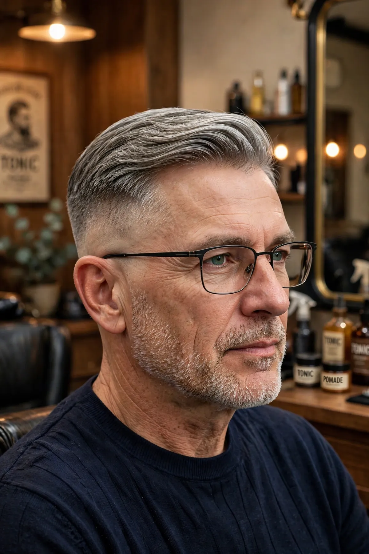Older man with ivy league haircut and low fade, short smart top swept to the side