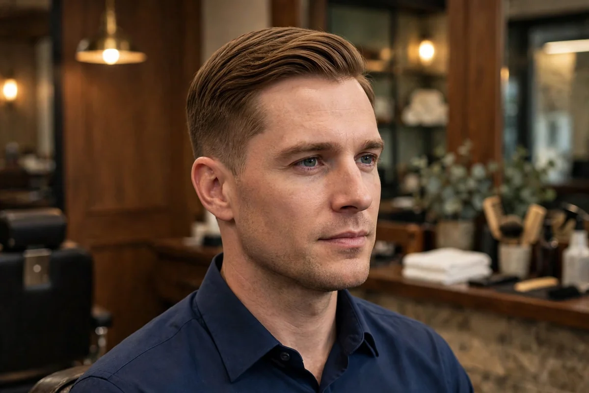 Ivy League haircut — best short haircut for men with side-swept longer top and tapered sides, smart office-ready look