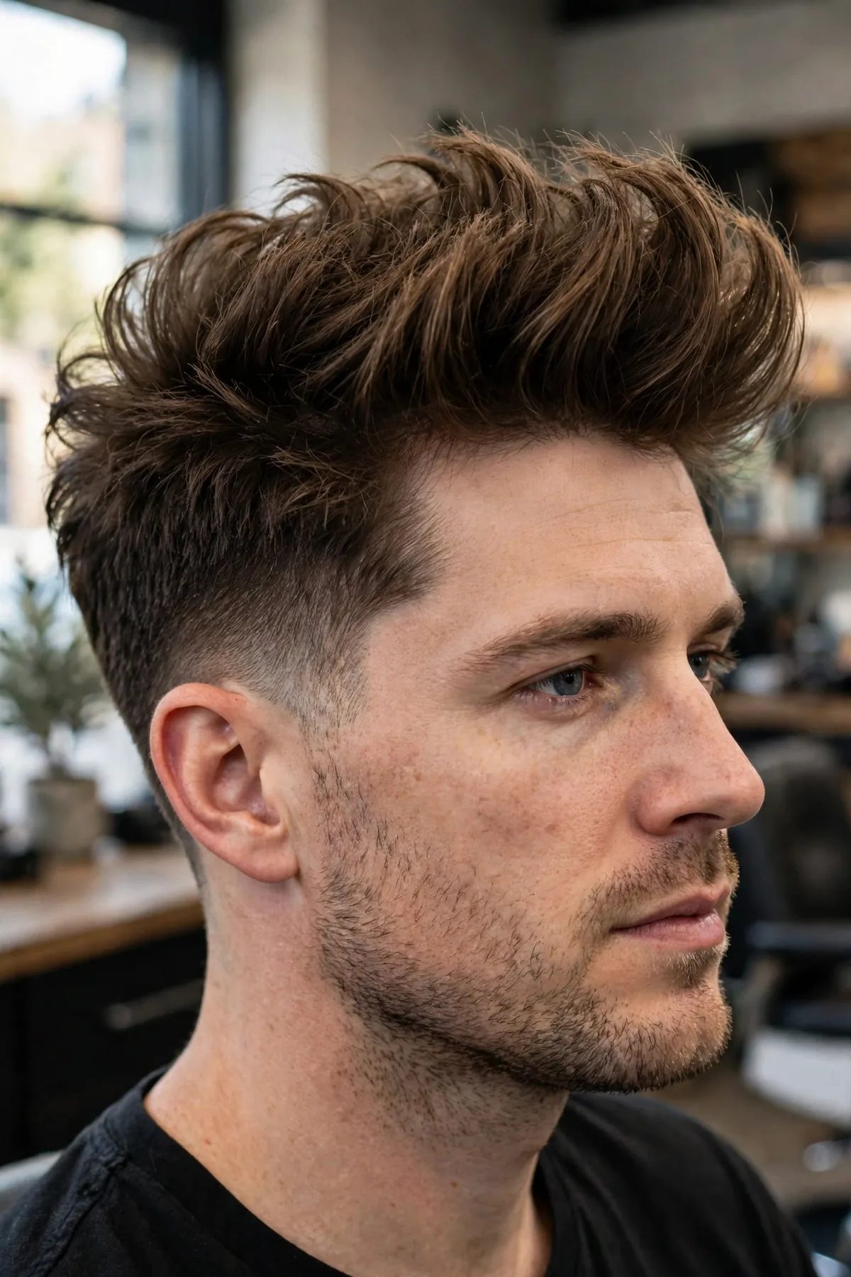 Mid shadow fade for men with the fade blending from the temples, soft stubble shadow at the base, paired with a voluminous quiff top