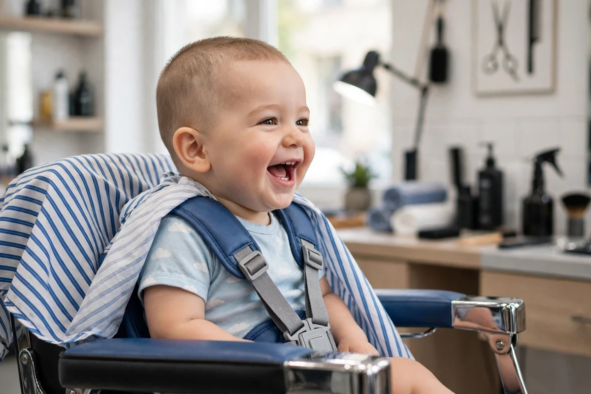 Baby boy with a soft buzz cut, gentle short clipper cut baby boy haircut
