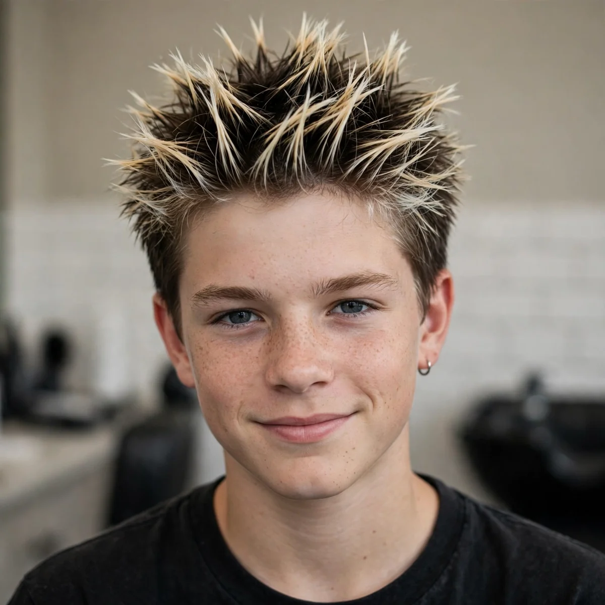 Teen with 90s frosted tips, short spiky hair with bleached blonde tips, classic boy band style — 90s boy haircuts