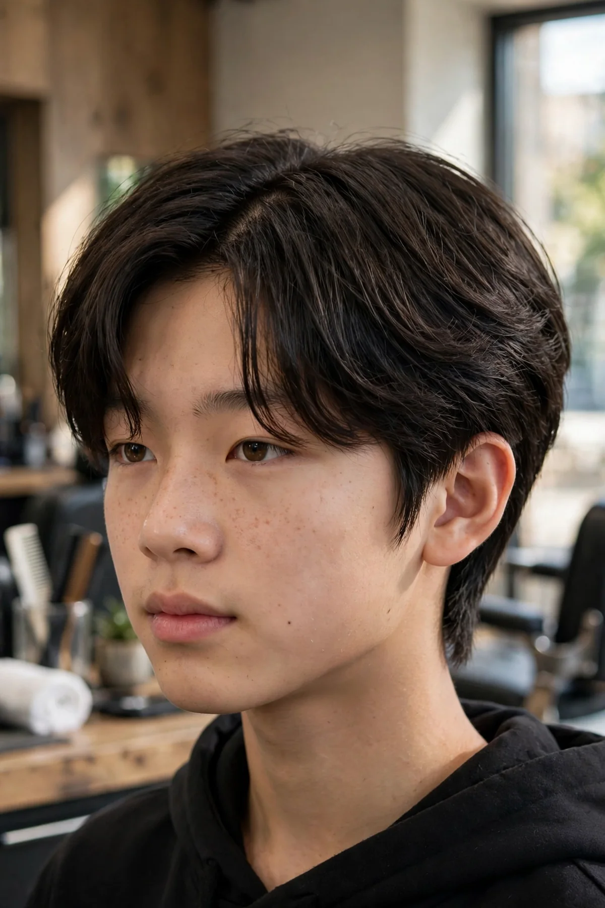 Asian teen boy with a K-pop curtain middle part asian boy haircut, face-framing bangs and softly tapered sides