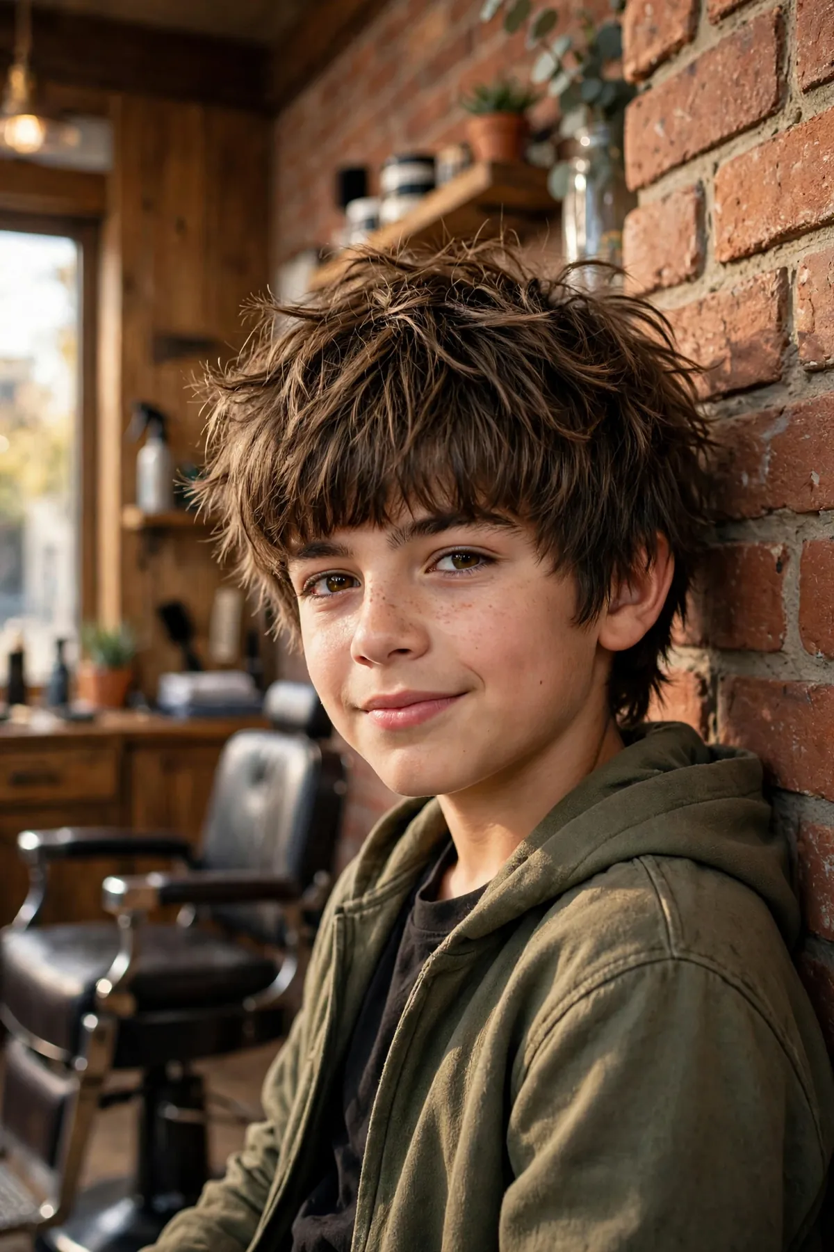 Boy with a rock-inspired shaggy haircut, messy choppy layers and full fringe for a cool edgy look