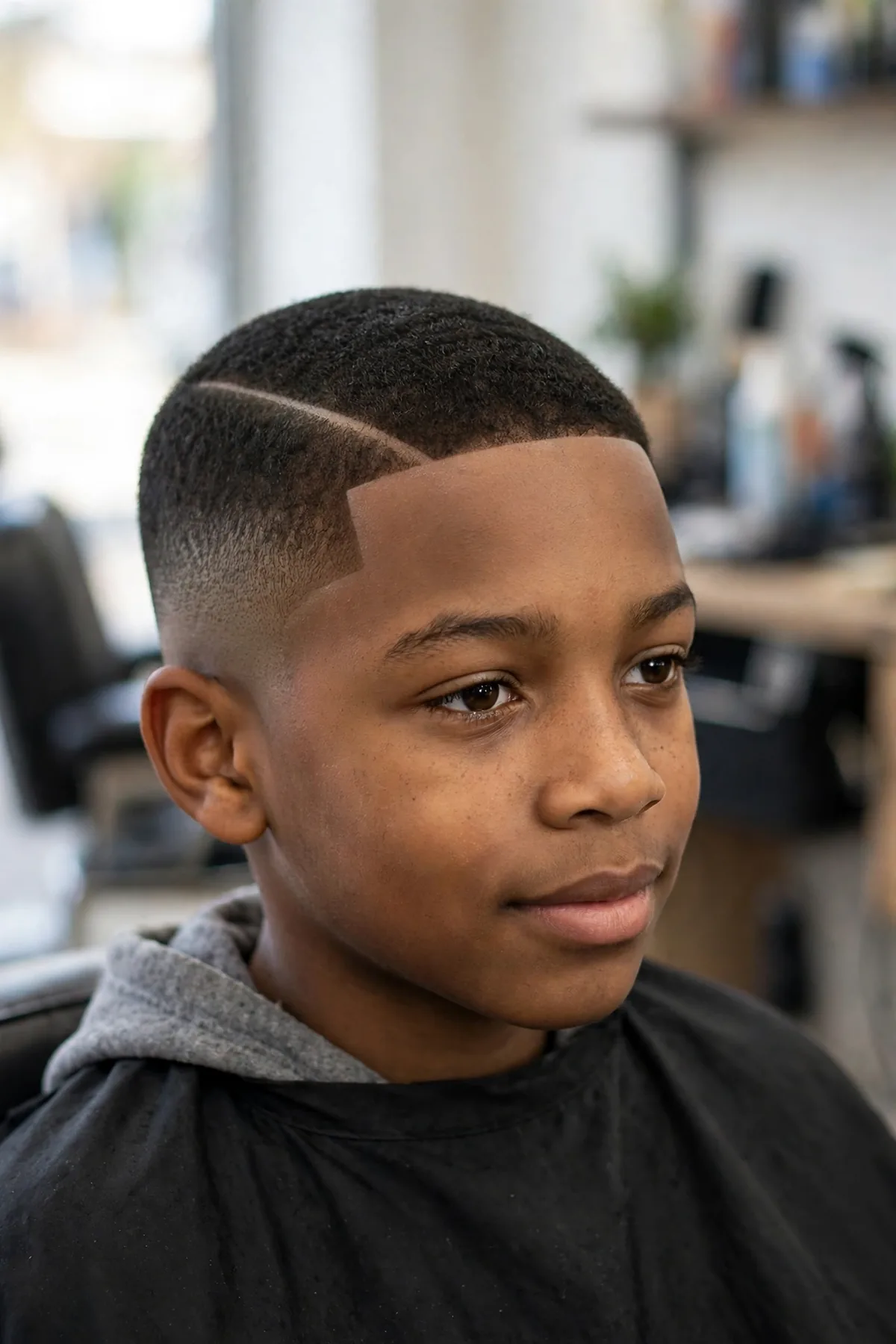 Boy with a short side part fade haircut for boys — clean part line with short top and mid fade sides