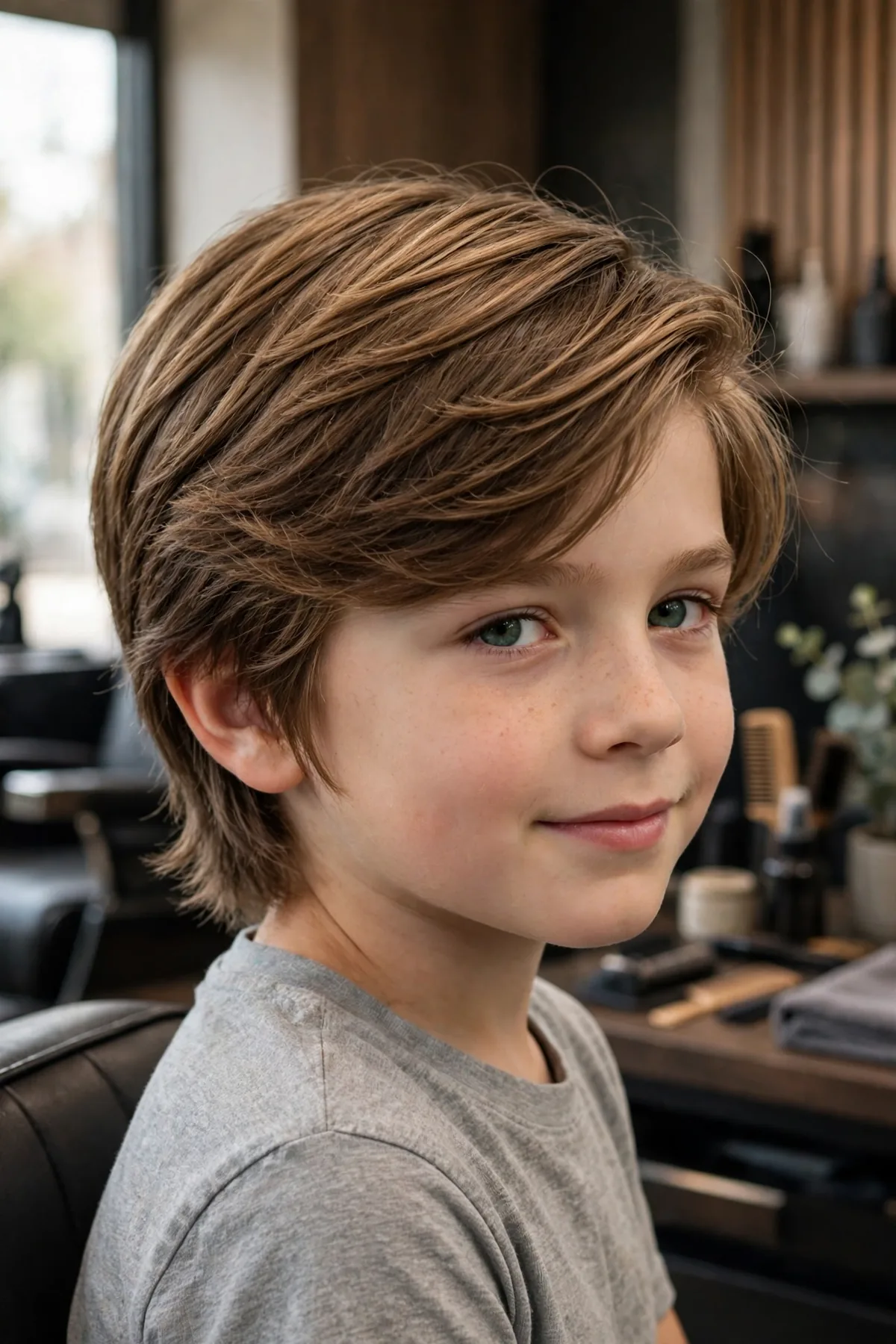 Photorealistic photo of a boy with side-swept longer layers, smooth hair brushed to one side with soft layering around the sides, neat premium barbershop styling. A polished longer boys hairstyle with clean lines.