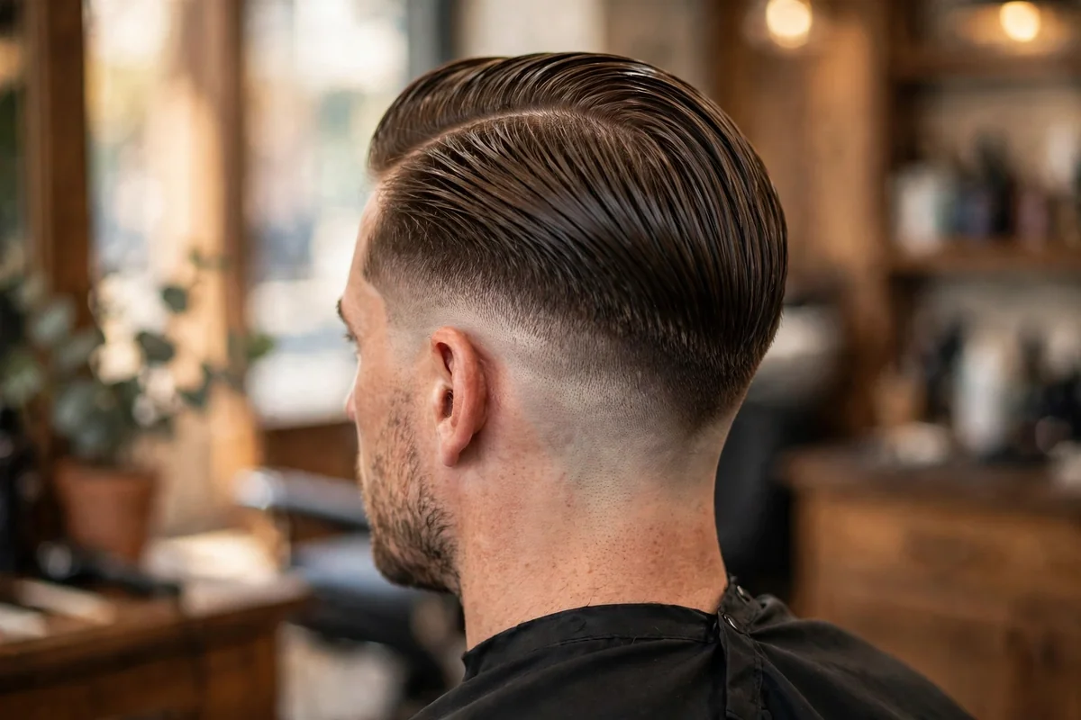 Slicked-back low skin fade haircut on a man with thick hair, glossy top combed straight back, low fade melting to skin above the ears
