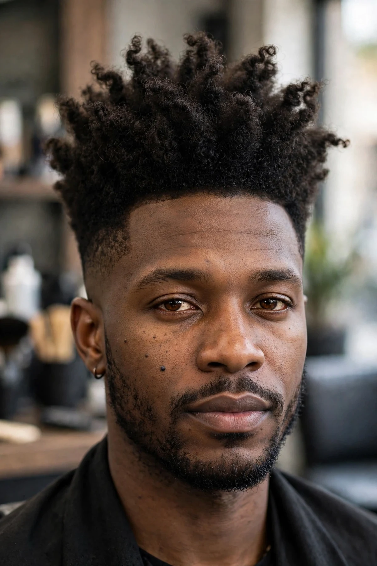 High top haircut with a taper fade, tall natural hair on top with gradually tapered sides and neckline, barbershop photo