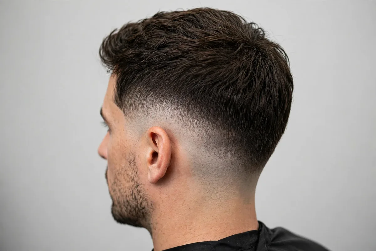 Mid drop taper fade haircut with gradual soft blend around the ears