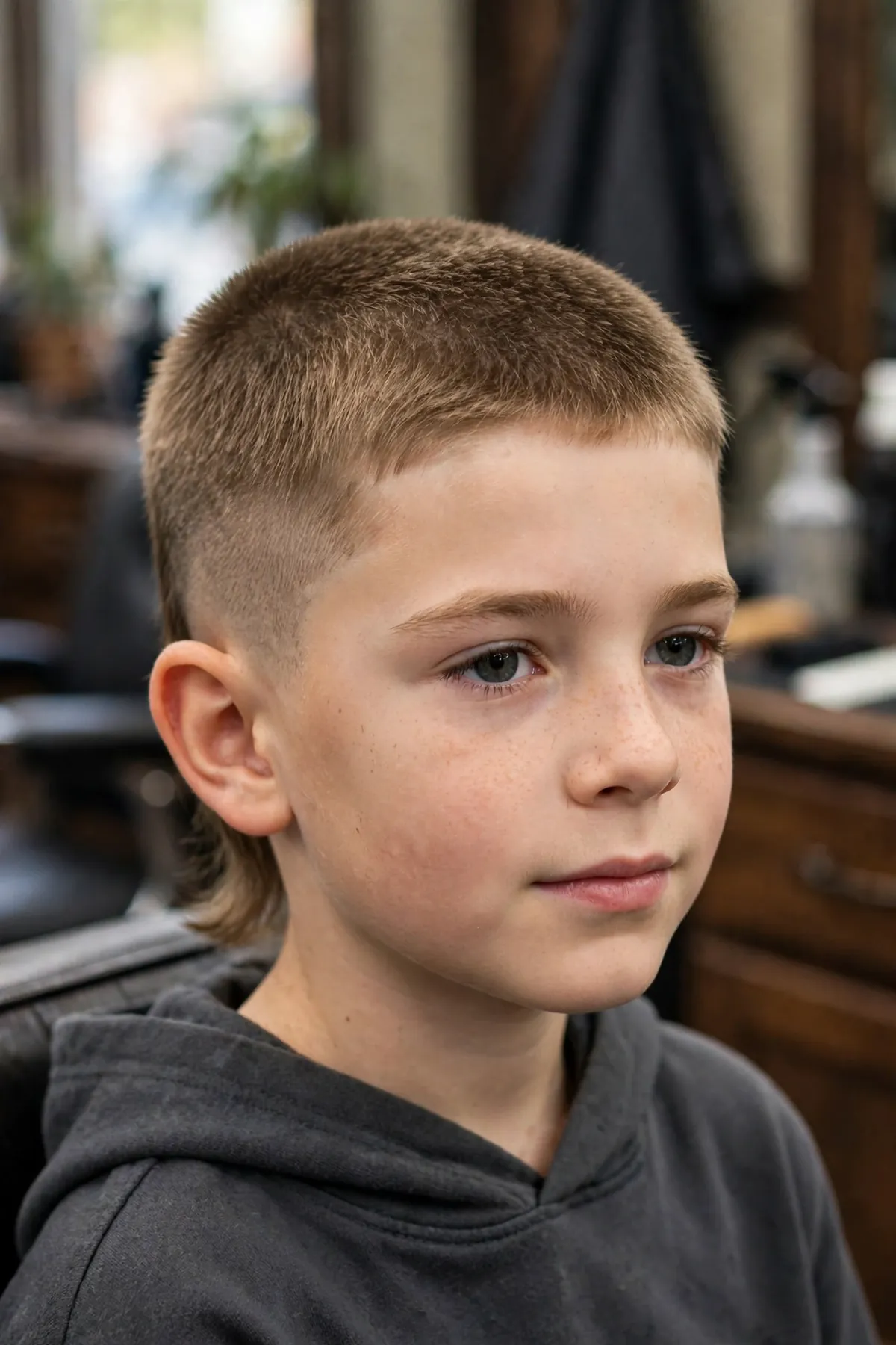 Short mullet for boys photo — micro mullet with 1.5-inch top and short 2.5-inch back on thick straight hair