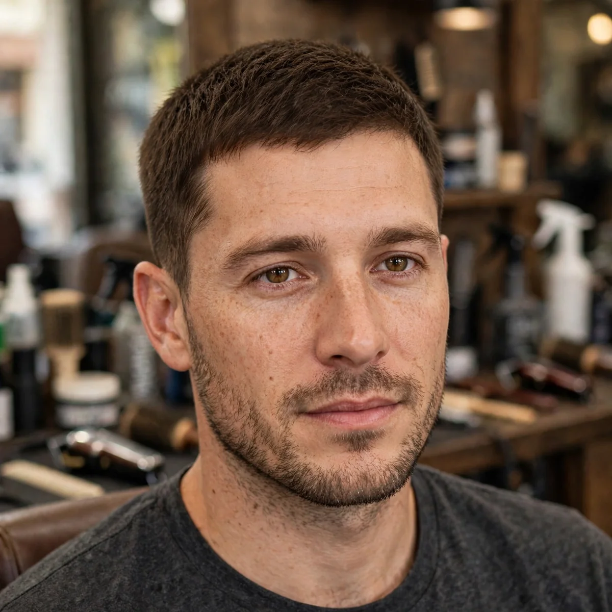 Butch cut with #4 guard length, a slightly longer buzz cut for men that looks soft and natural