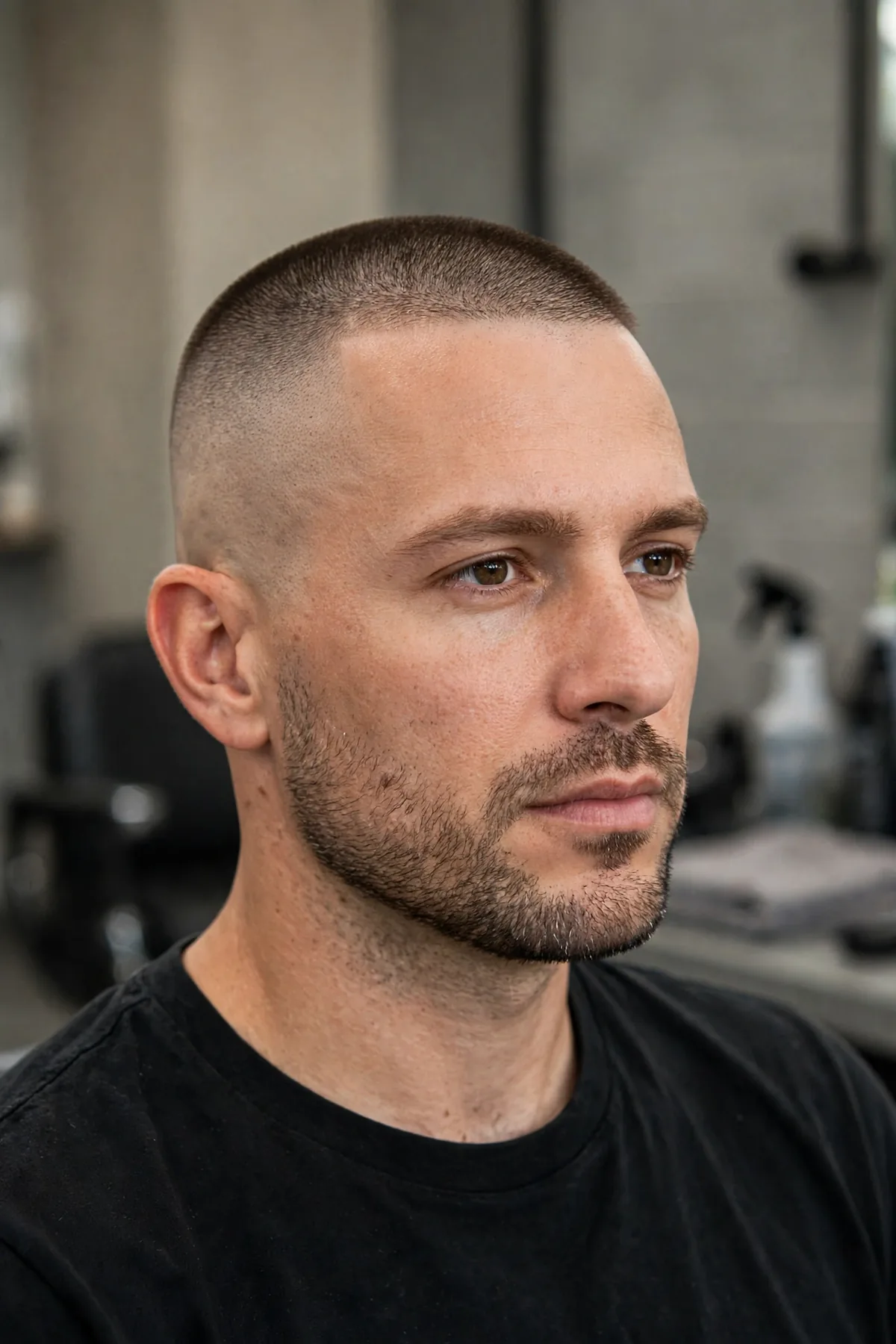Buzz cut with a high skin fade, short even top and skin-tight faded sides and back