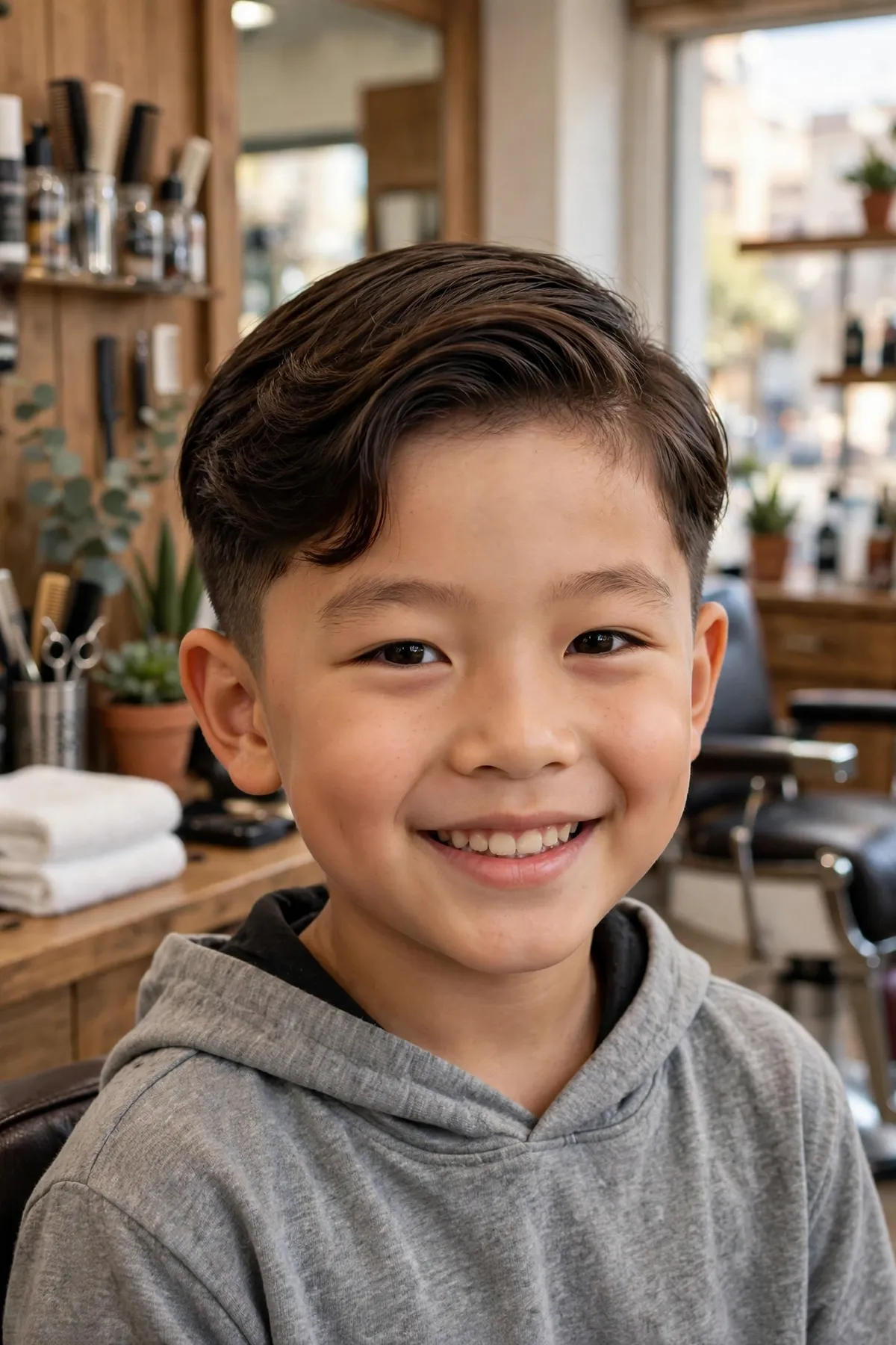 Boy with an ivy league haircut, neat side part with longer top that can be swept, a smart kids haircut for boys