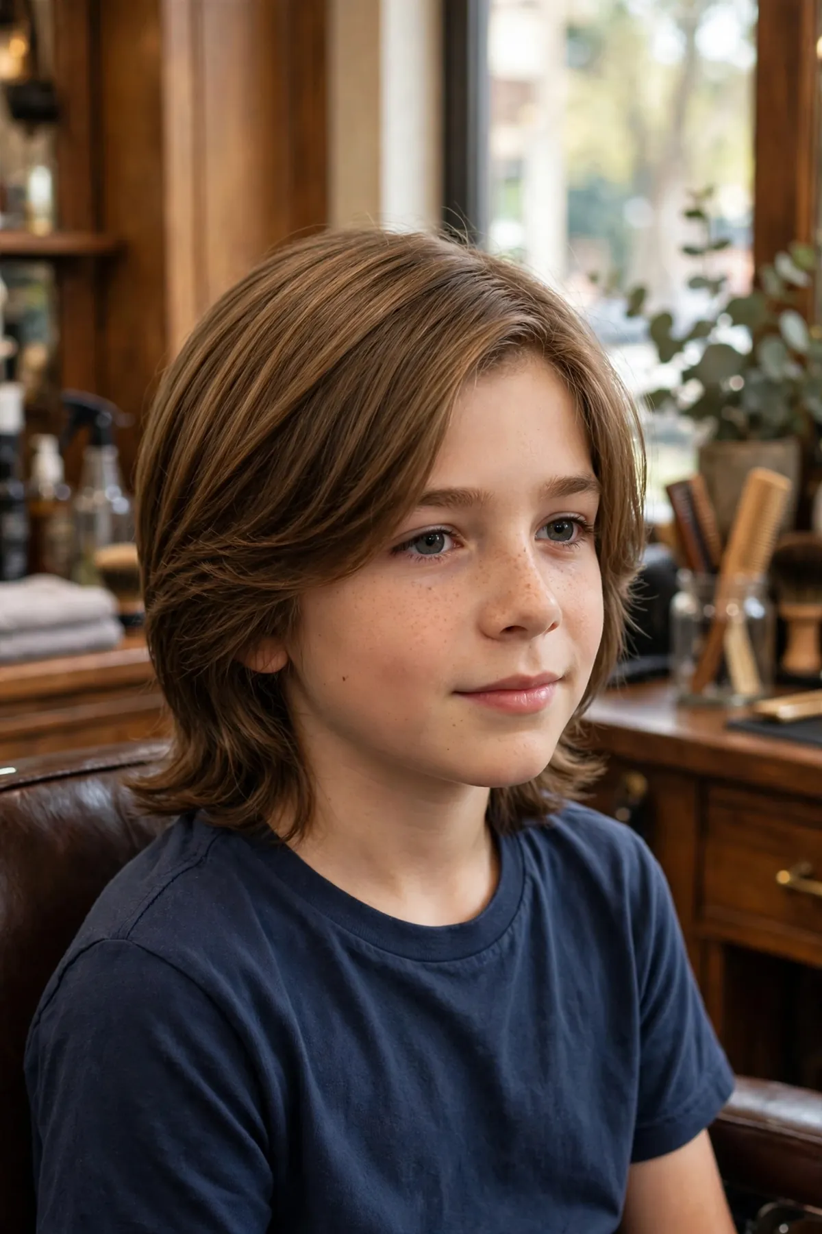 Boy with classic long layered haircut, shoulder-length smooth healthy hair