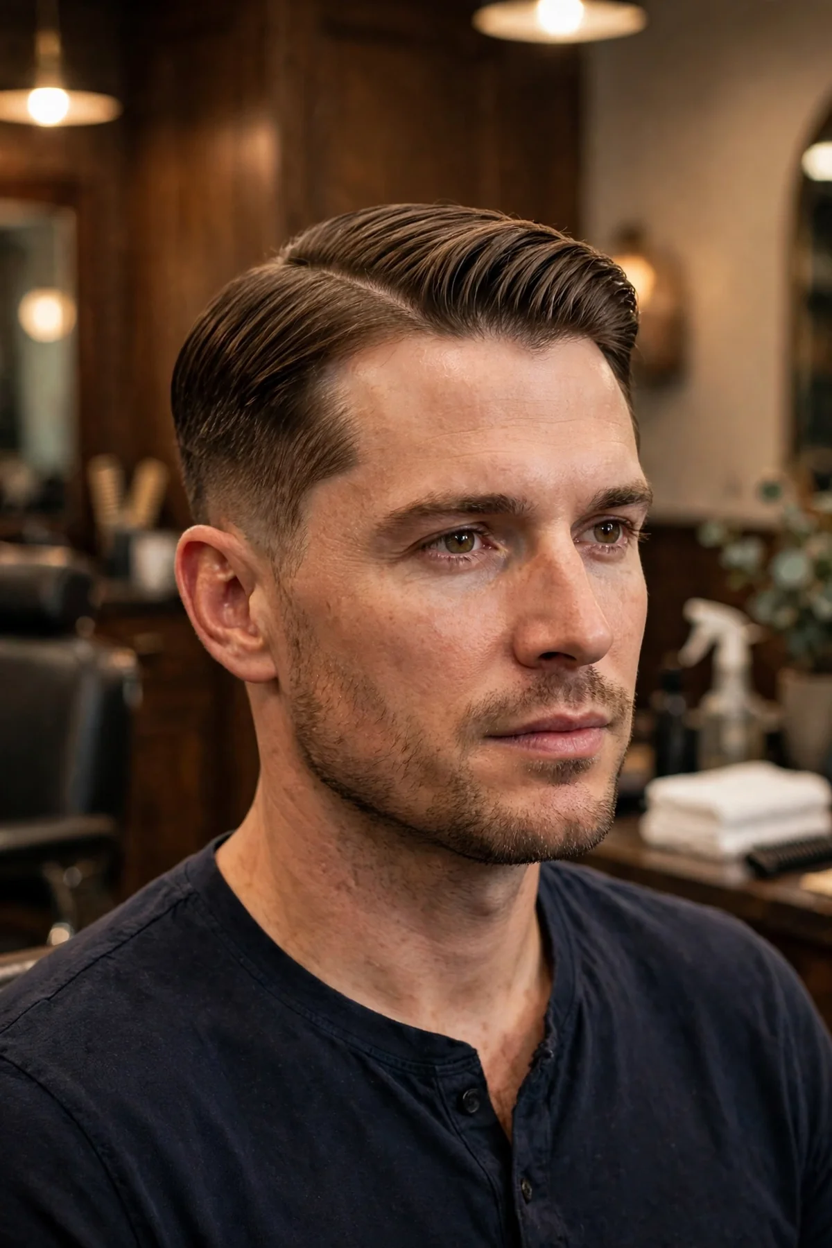 Classic side part — timeless short haircut for men with a clean part line and neat combed top