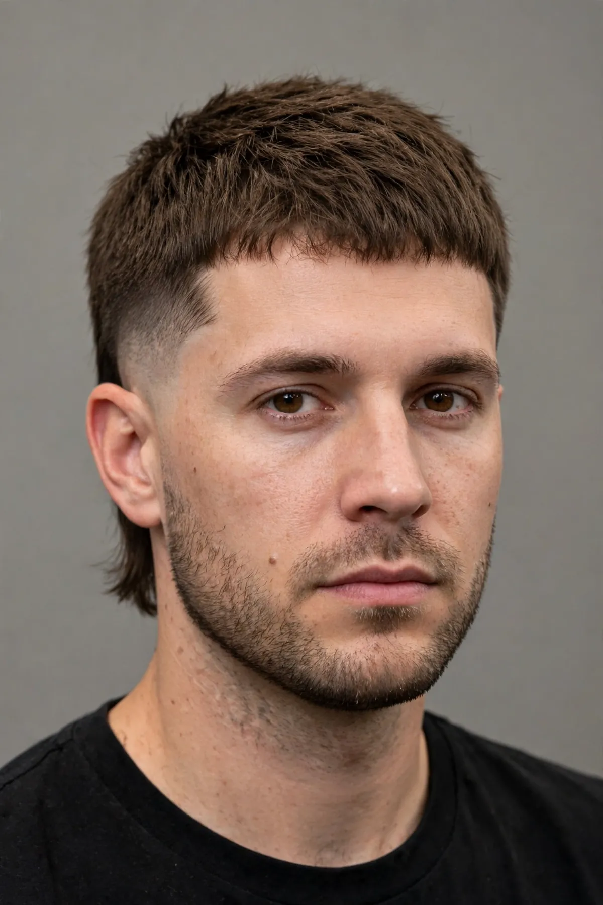 Low skin fade with hair brushed forward — soft short fringe over a subtle low bald fade, a clean fade haircut for men