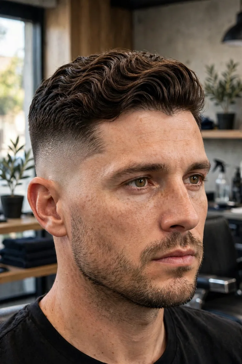 High and tight wavy haircut for men — military-style short sides with longer wavy top