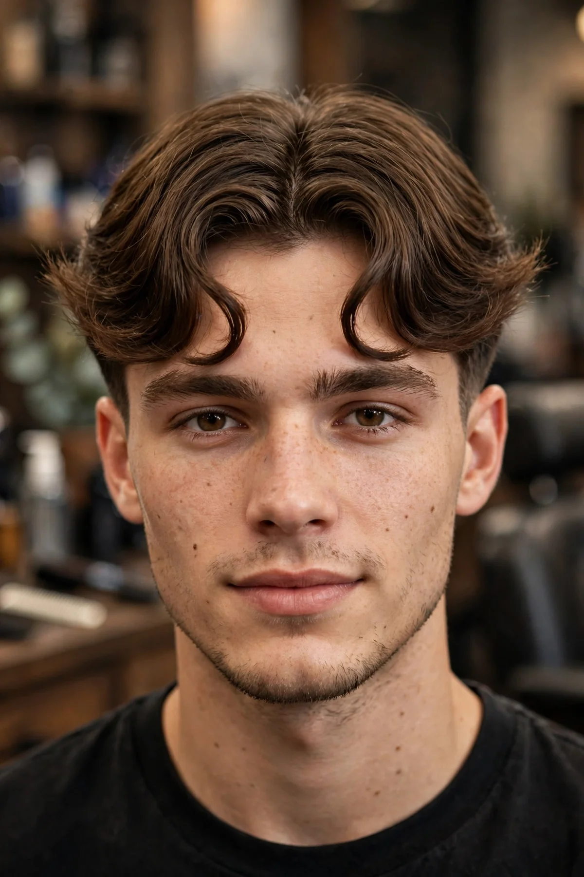 S-shaped curtain bangs haircut for men with fringe bending in then flipping out