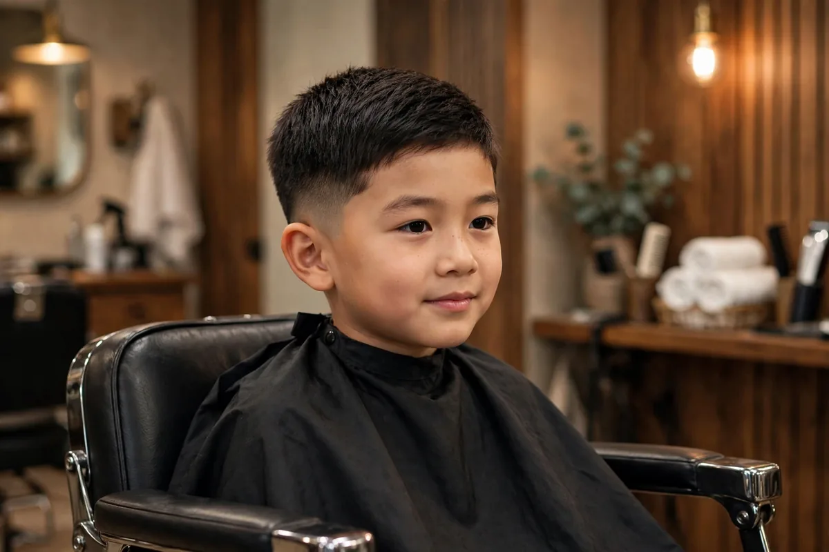 Little boy crew cut with low taper, short neat crew cut haircut with tapered sides, classic kids haircut