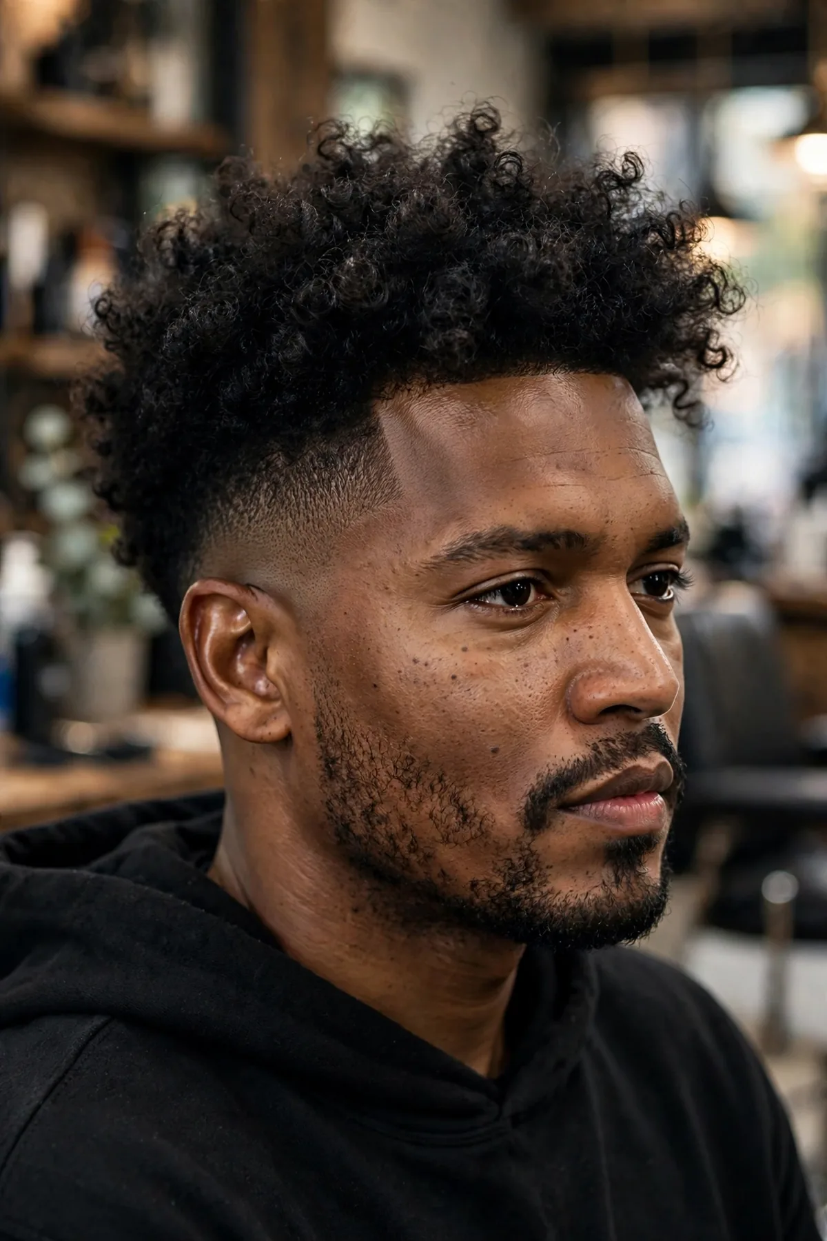Temple fade with thick curls haircut, clean tapered temples framing thick full curly hair on top