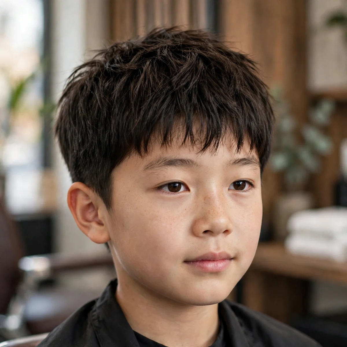 Young Asian boy with a Korean textured crop asian boy haircut, choppy fringe and clean neckline