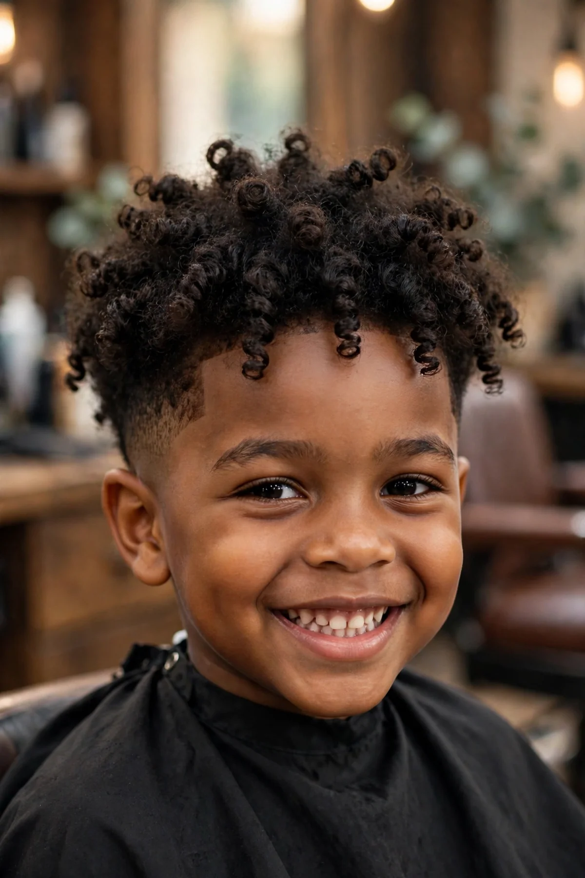 Black boy about 6 years old with bouncy defined curls on top and a clean low taper haircut on the sides