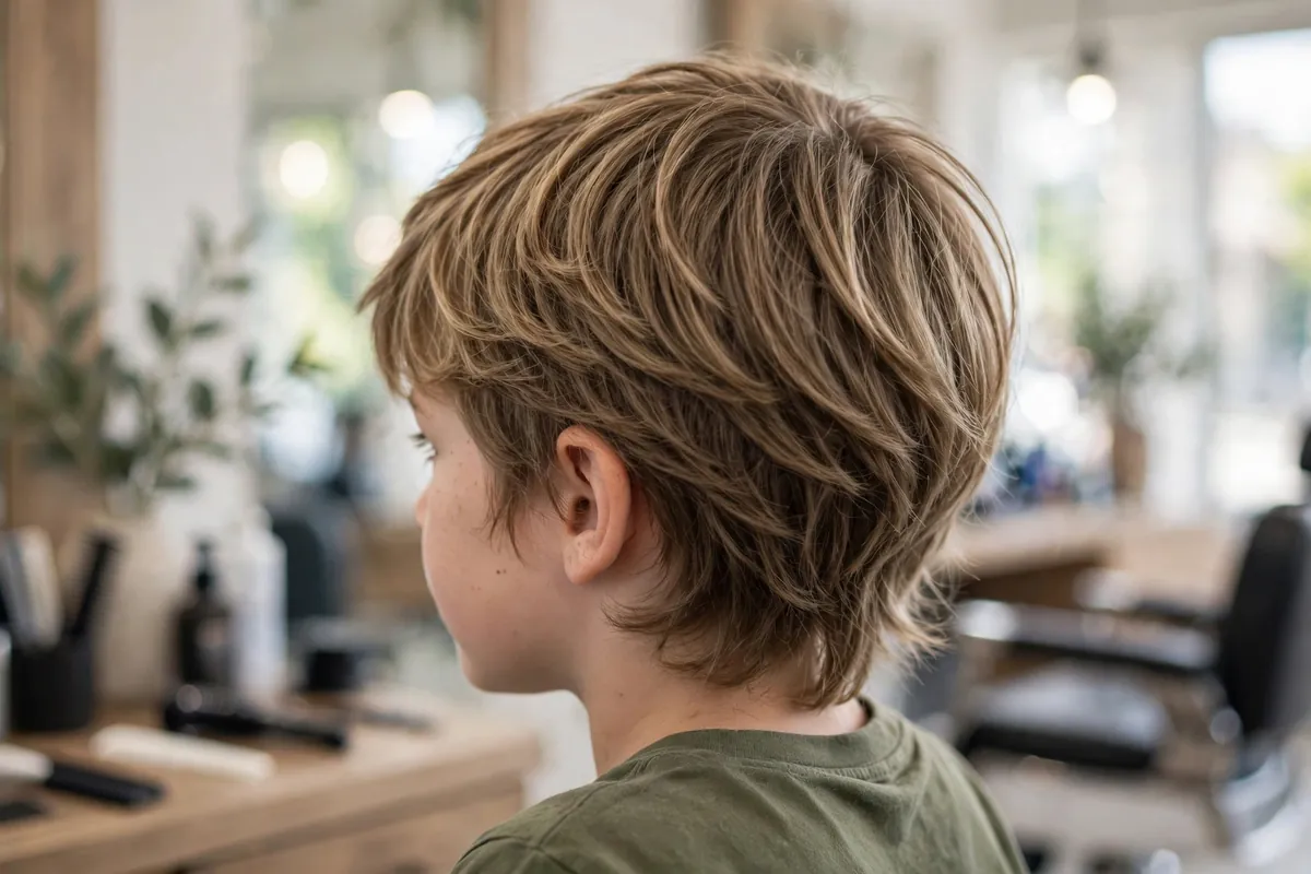 Boy with a soft feathered shaggy haircut, gentle layered ends and natural flow around the face