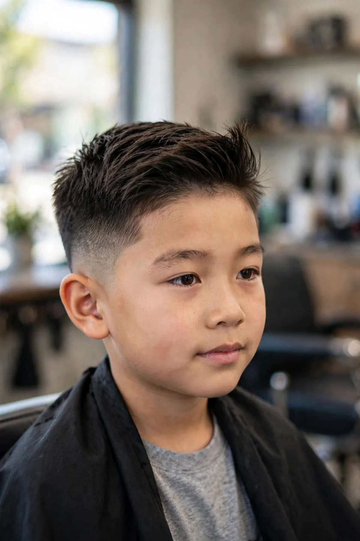 Boy with a short quiff fade haircut for boys — short front swept up with faded sides in a barbershop