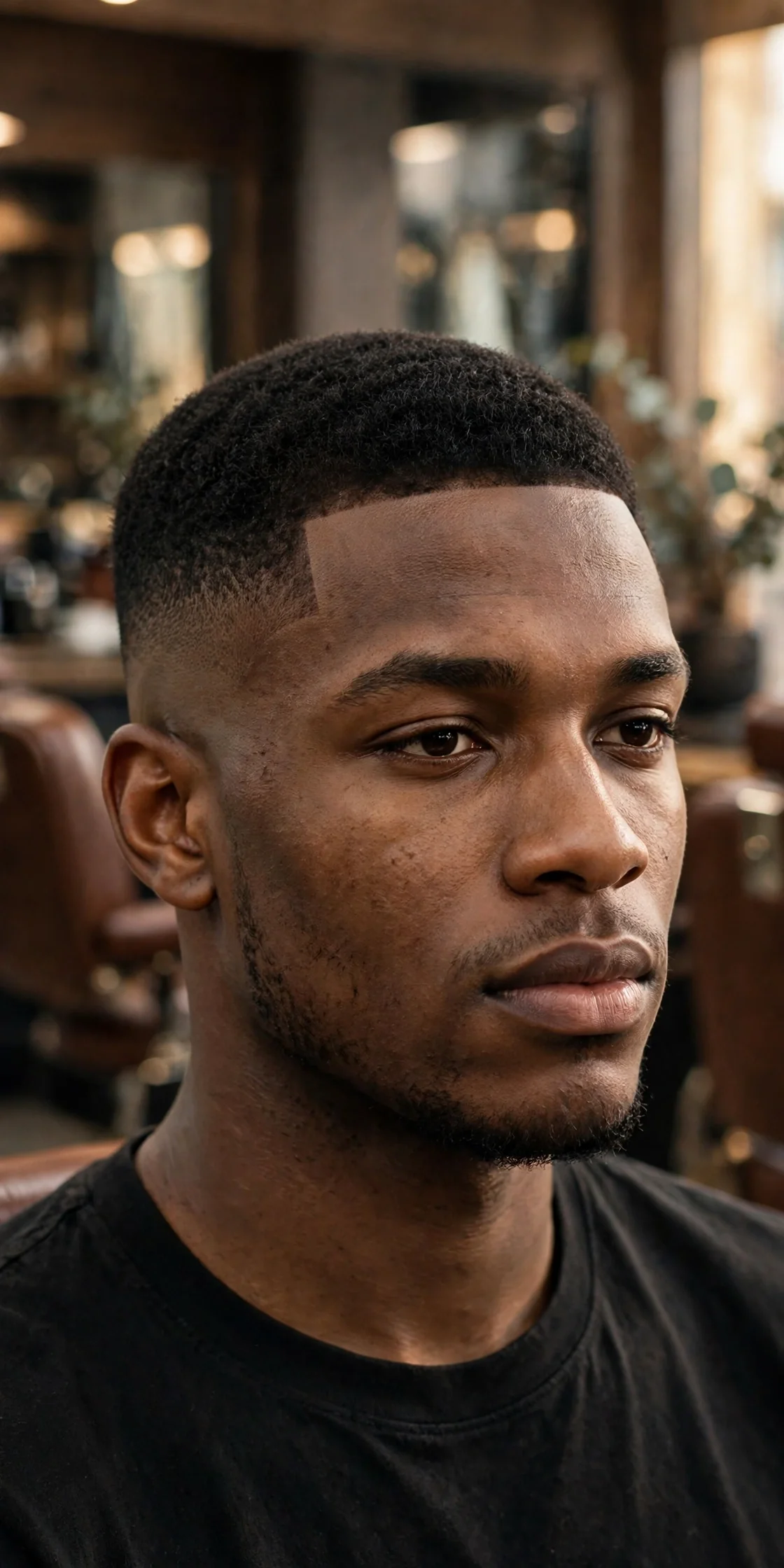 Crew cut low skin fade haircut, short crew top slightly longer at the front, low fade to bare skin around the ears