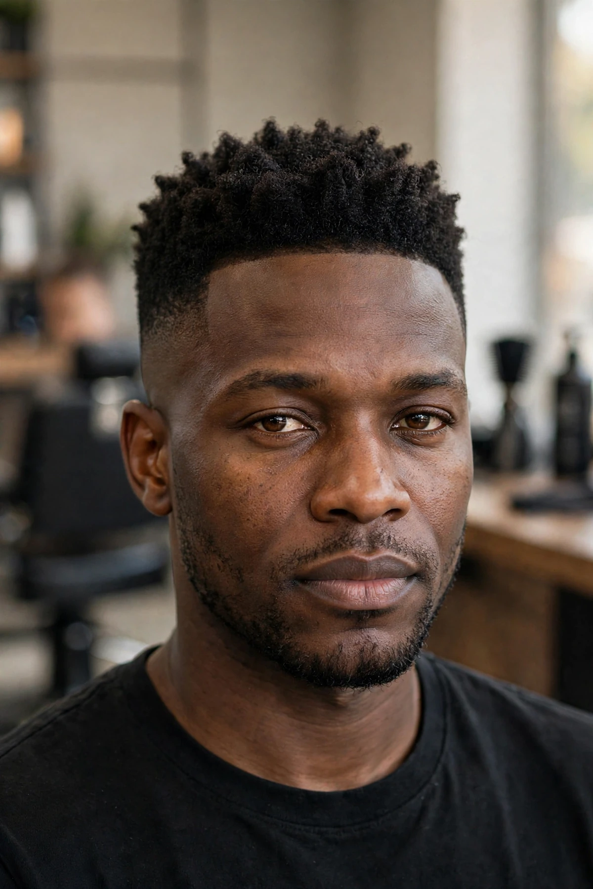 Short high top haircut, compact lifted hair on top about 2 inches tall with clean faded sides, barbershop photography